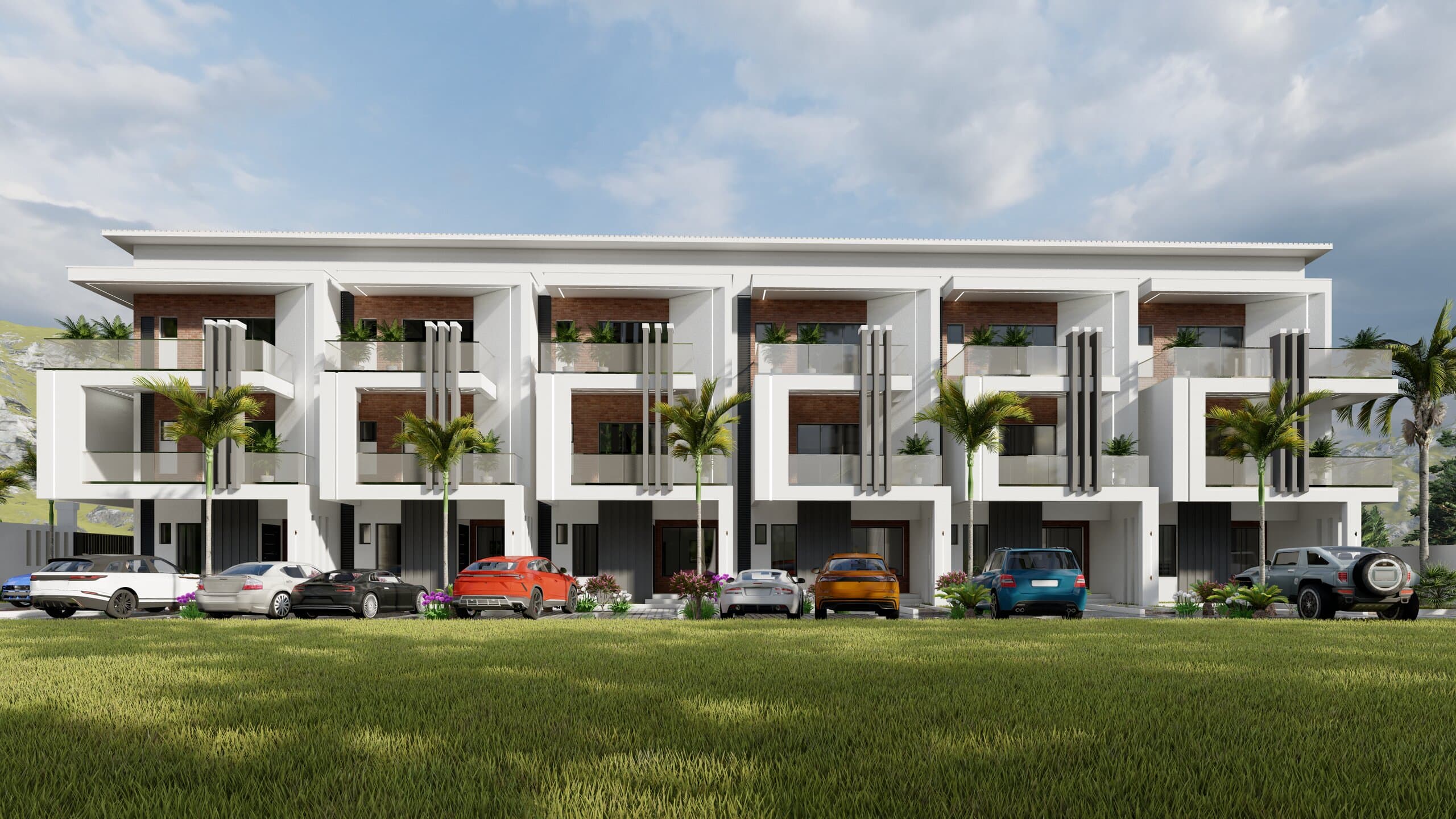 Front elevation of a white modern terrace row