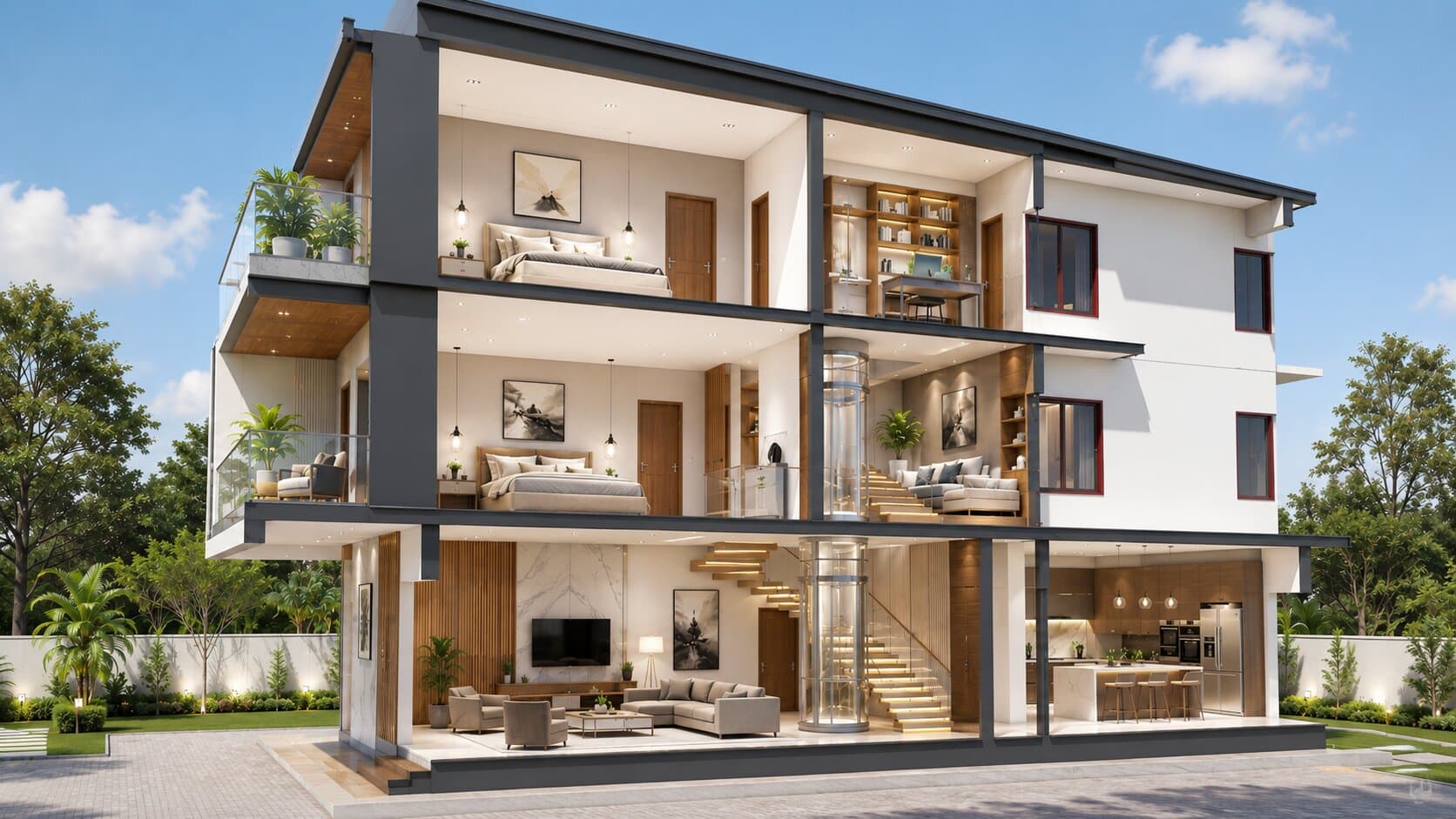 Cutaway of a modern multi-level residence