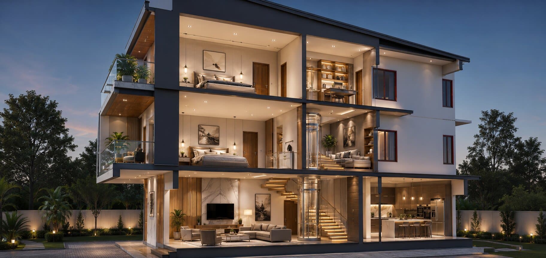 Cross-section of a luxury multi-level home at dusk