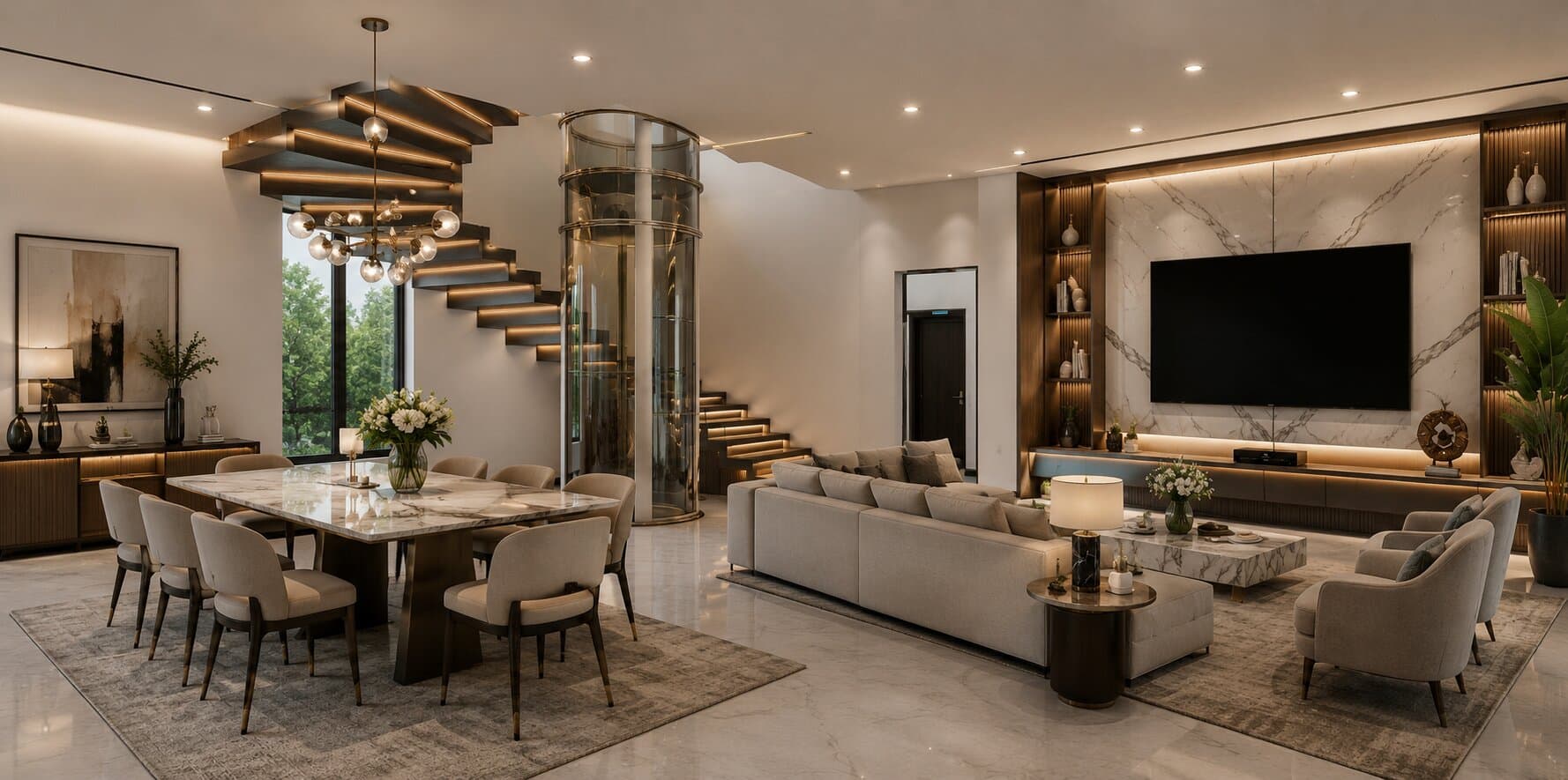 Open-plan luxury living and dining interior