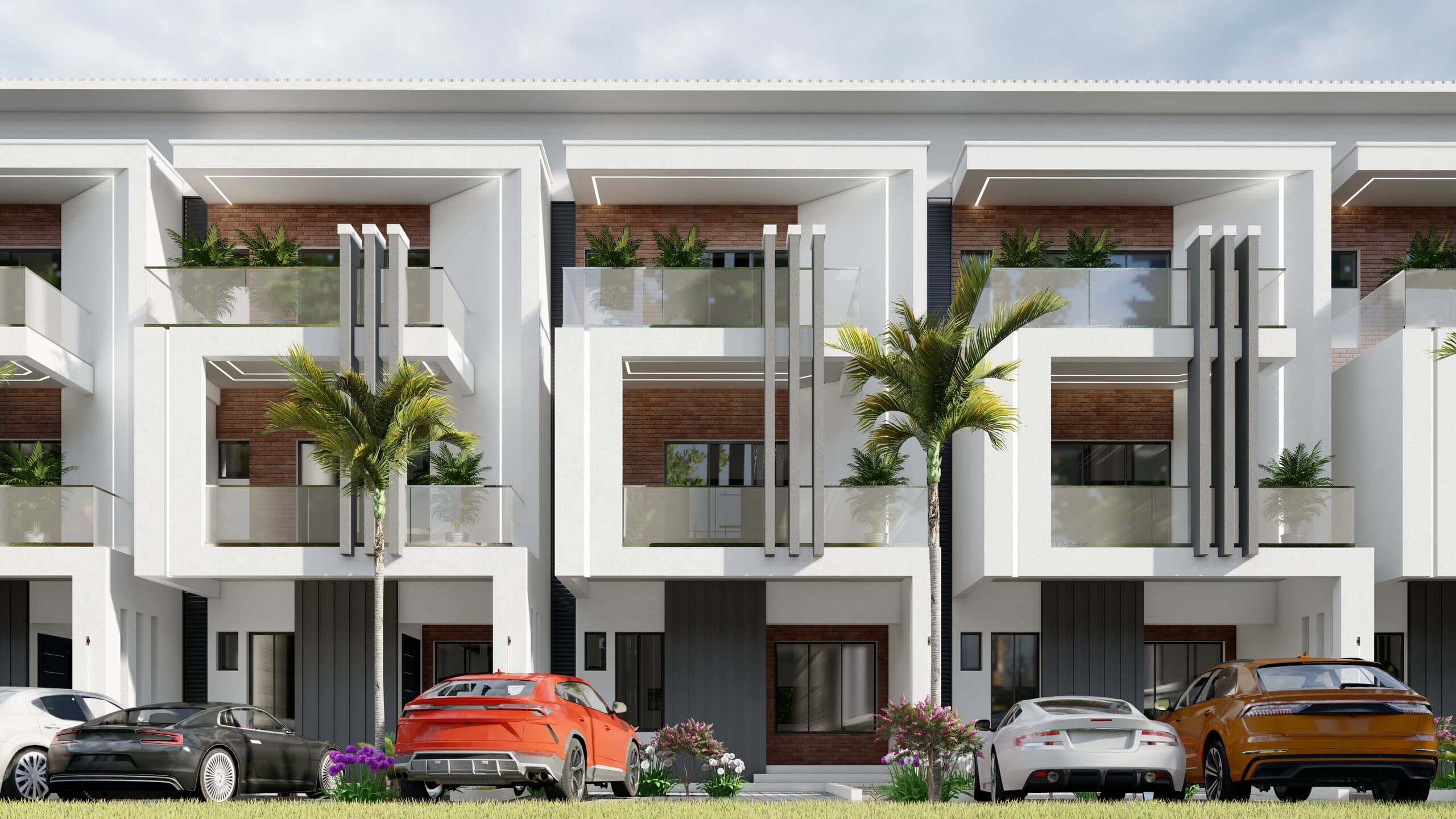 Contemporary terrace homes with a palm-lined frontage