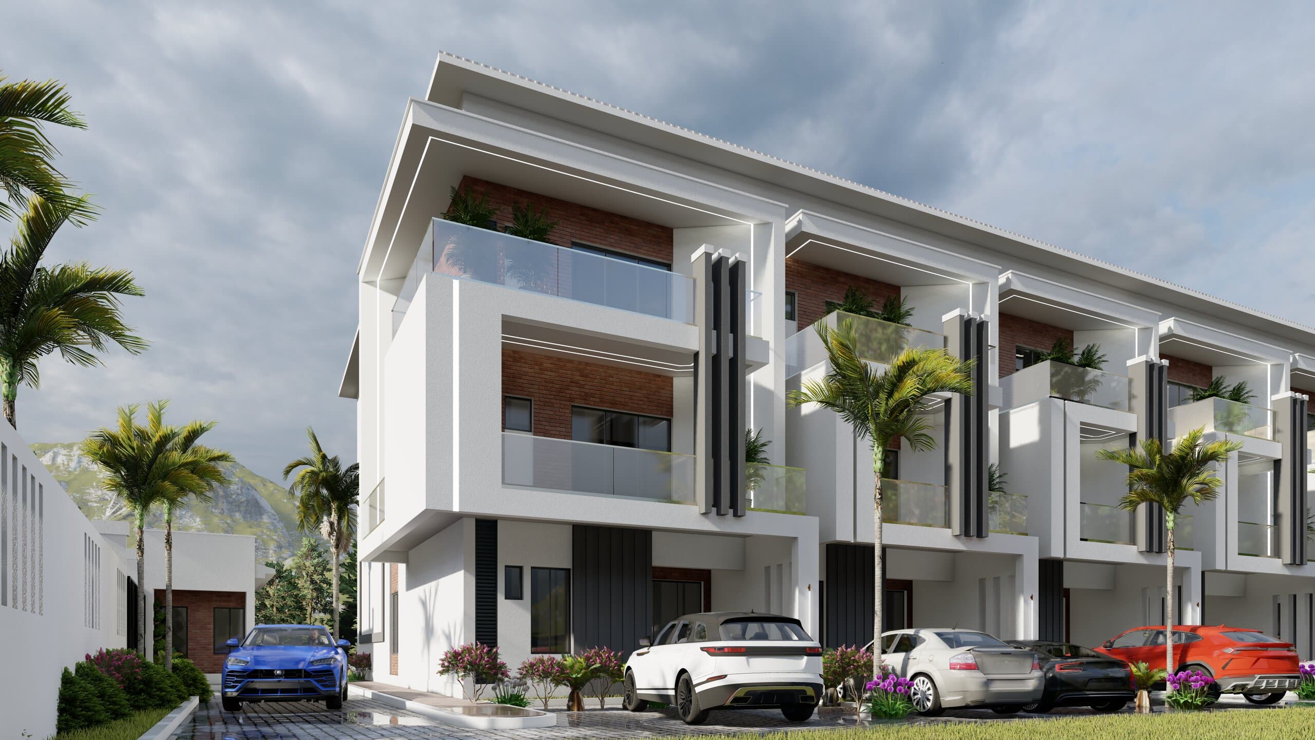 A contemporary terrace residence at dusk
